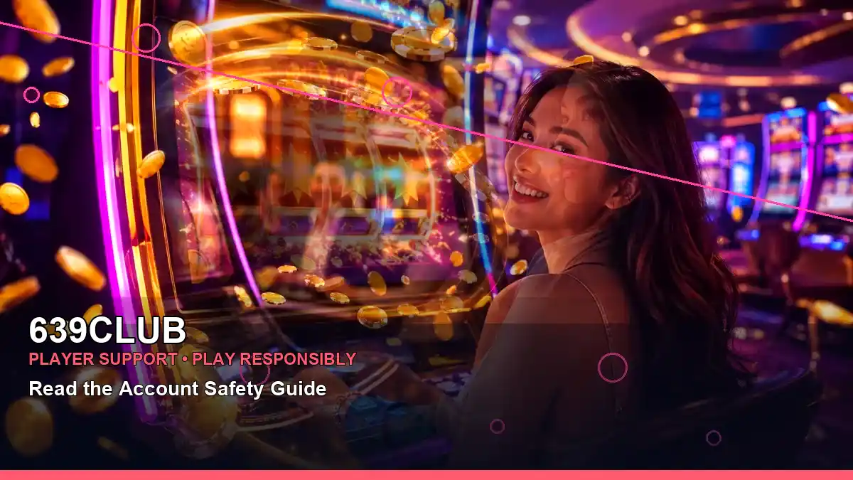 639CLUB terms guide information for Philippine users, shown in a layered neon collage with jackpot-style slot games